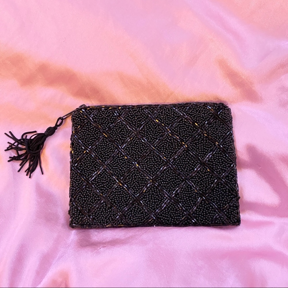 Vintage Black Beaded Wallet with Zipper